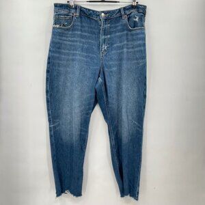 American Eagle Strigid Mom Jeans Deep Sea Blue Distressed Raw Hem 18 Short